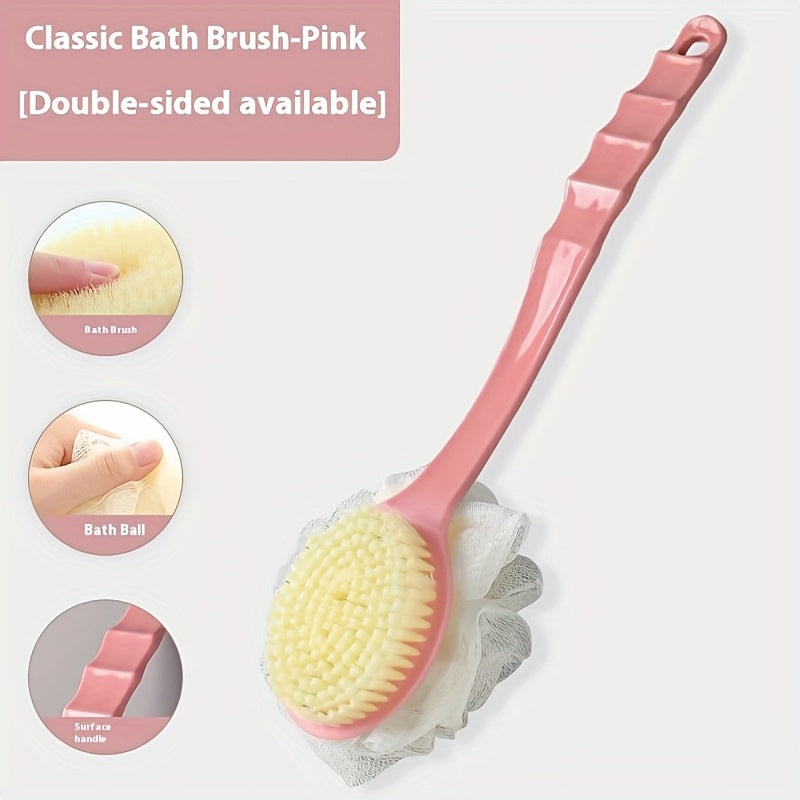 2-in-1 Soft Fiber Long Handle Bath Brush - Gentle Exfoliating Body Scrubber, Dual-Purpose Back Scrubber and Sponge Tool, Japanese Design