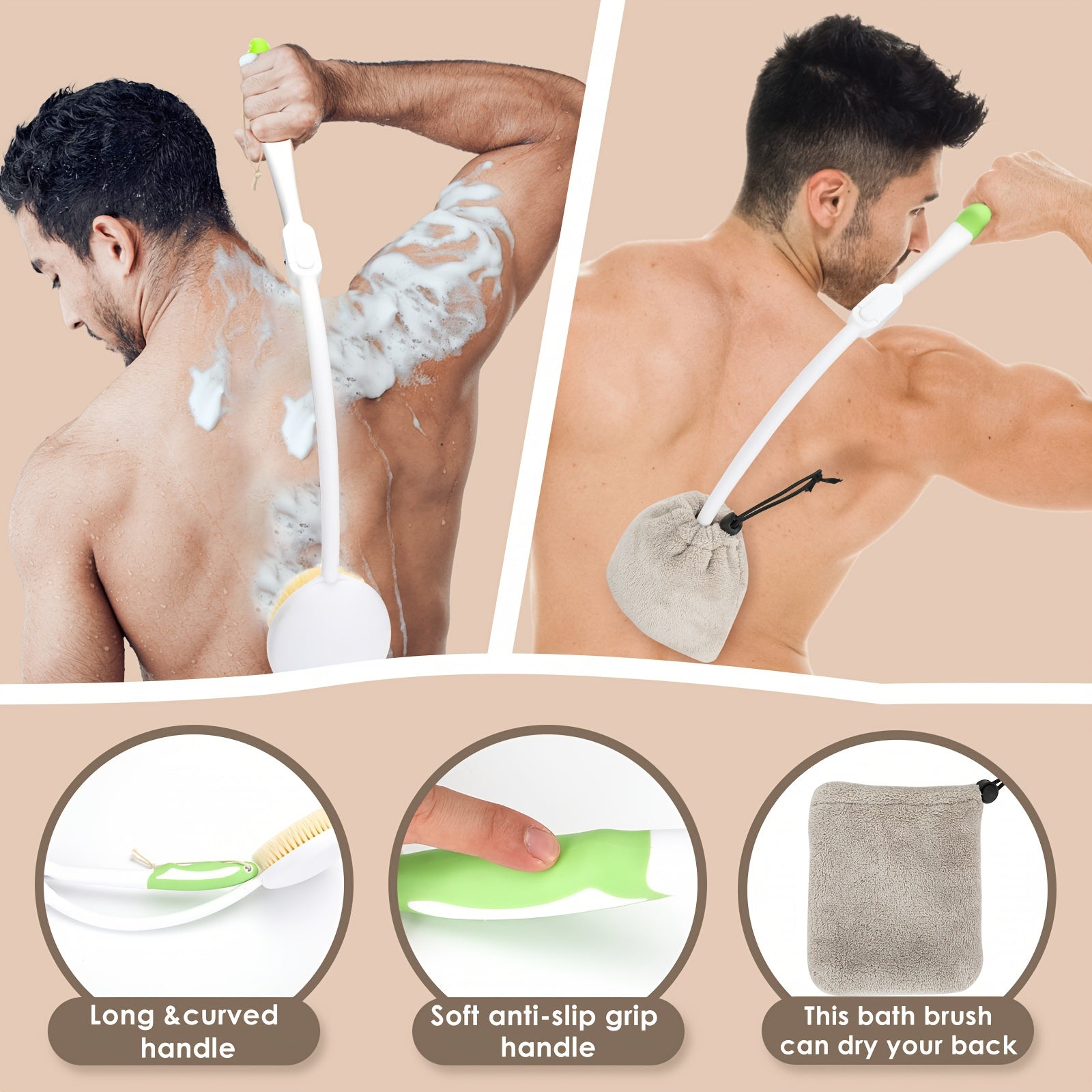 Elderly Back Scrubber with Soft Anti-Slip Grip Handle & Towel - Manual Bath Brush for Back Relief, No Electricity Needed, Long Handle for Easy Reach, Personal Care Aid for Seniors & Adults, Ergonomic Design, Easyclean Material, Softbristled Head