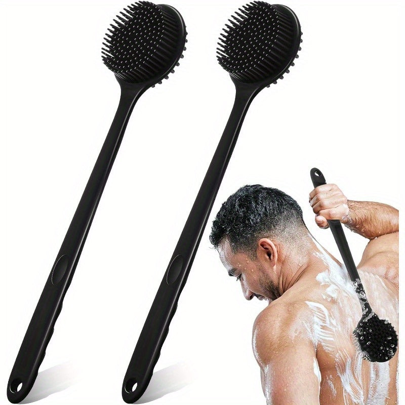 Set of 2 Soft Silicone Body Brushes for The Bath, Featuring a Non-Slip Design for Use in The Shower. These Scrubbers Come with a Long Handle And Promote Better Skin Health While Generating Foam, Suitable for Both Men And Women.
