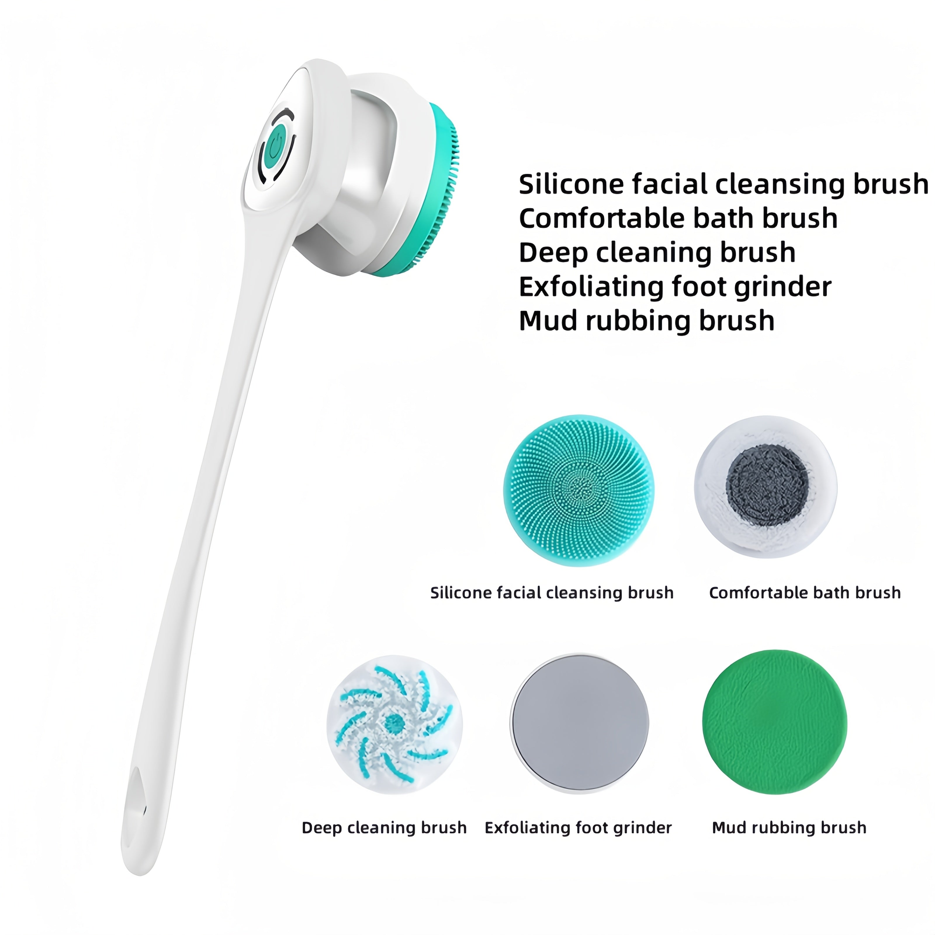 5-in-1 Electric Body, Back, Face & Shower Brush - USB-Powered Electric Shower Head with Long Handle, Interchangeable Heads - Soft Silicone Exfoliating Brush & Rotating Scrubber - for Full Body, Back, Face, Feet - Spa & Home Use - Ideal Self-Care Gift,