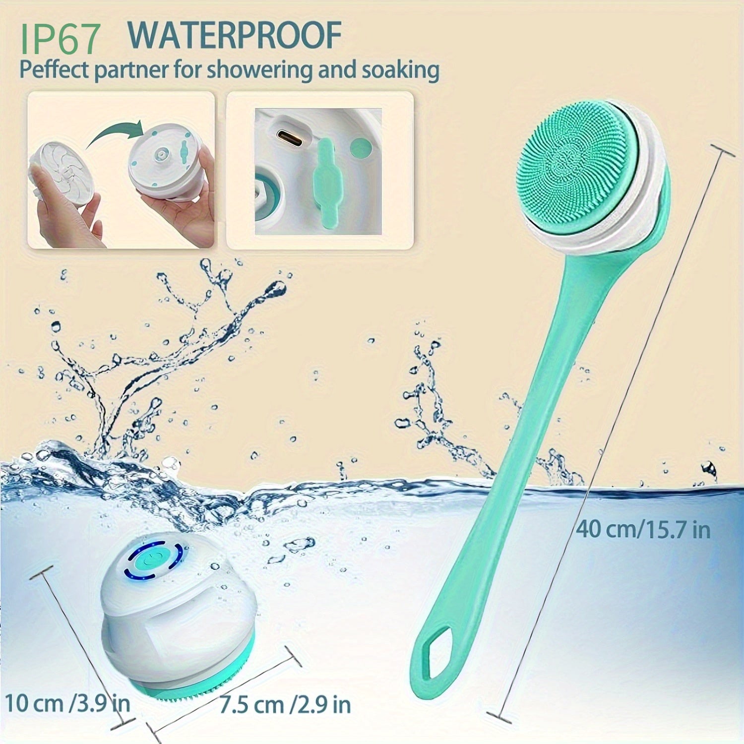 5-in-1 Electric Body, Back, Face & Shower Brush - USB-Powered Electric Shower Head with Long Handle, Interchangeable Heads - Soft Silicone Exfoliating Brush & Rotating Scrubber - for Full Body, Back, Face, Feet - Spa & Home Use - Ideal Self-Care Gift,
