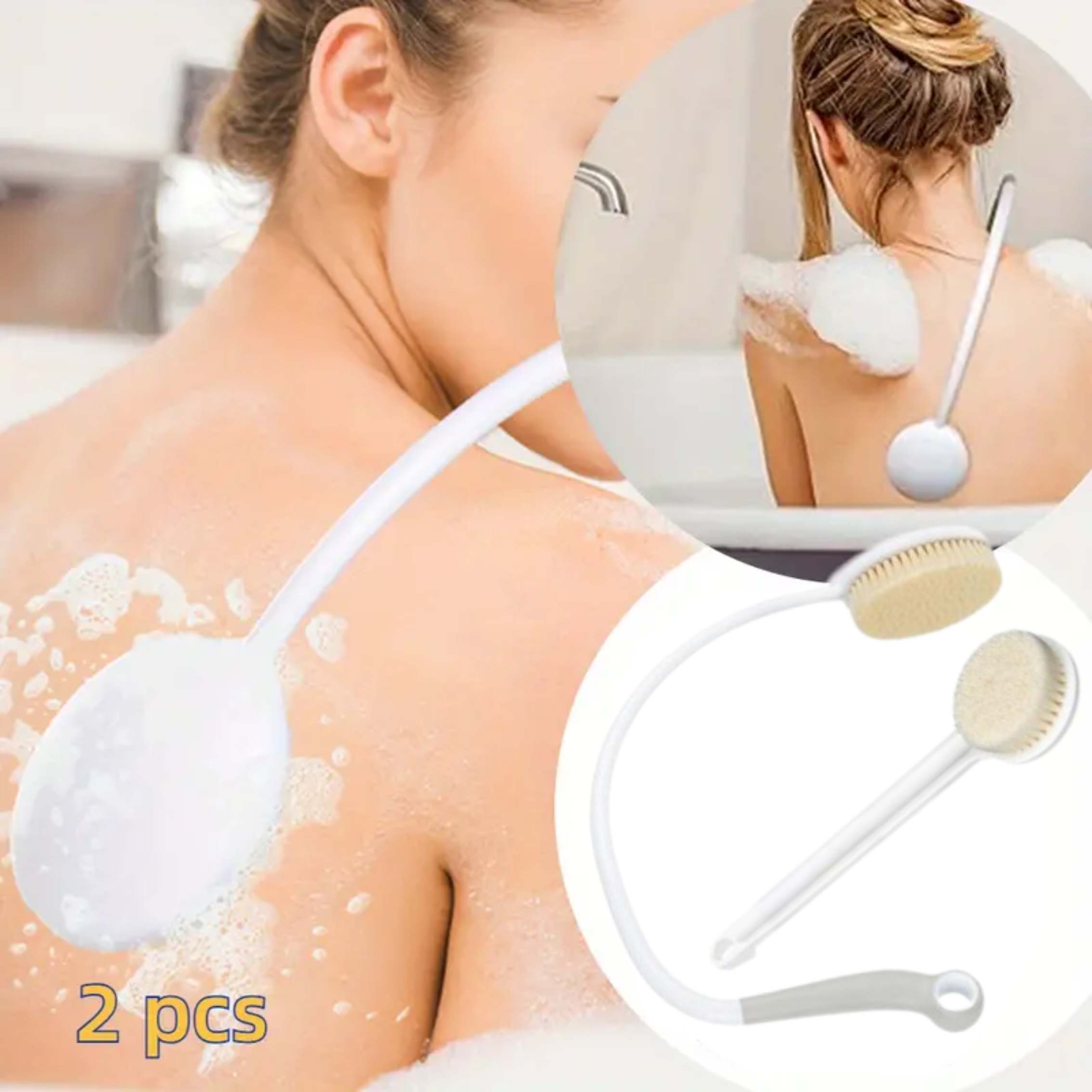 2pcs Back Shower Brush Set, Including 1 Long Handle U-Shaped Brush, 1 Straight Handle Brush, Ergonomic Anti Slip Handle, Suitable for Daily Home Bathing