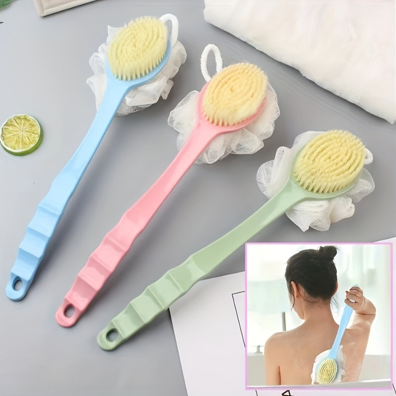 Two-In-One Dual Head Bath Brush with Soft Sponge for Back Scrubbing: No Battery Required, Oil-Free