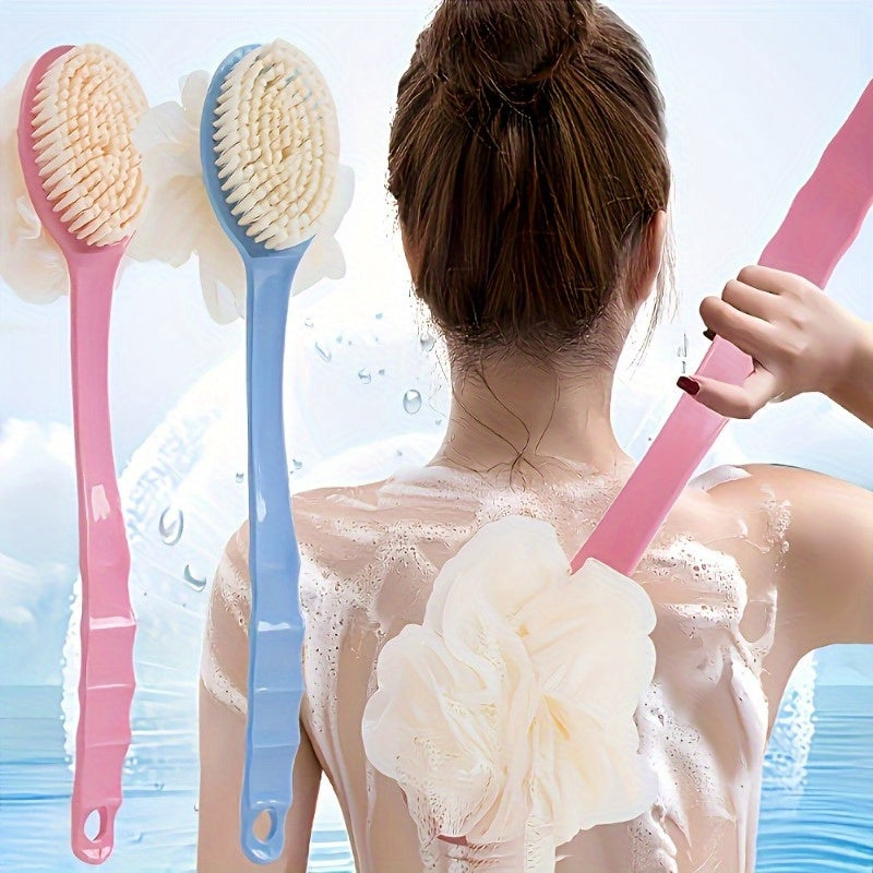 1pc 2-in-1 Dual Head Back Scrubber & Shower Brush with Soft Towel - Long Handle Plastic Bath Brush for Exfoliating Back, Arms, Legs - Blue & Pink Bristles, Ergonomic Grip, No Battery Needed, Oil-Free Bathroom Essentials, Body Cleaning Accessory,
