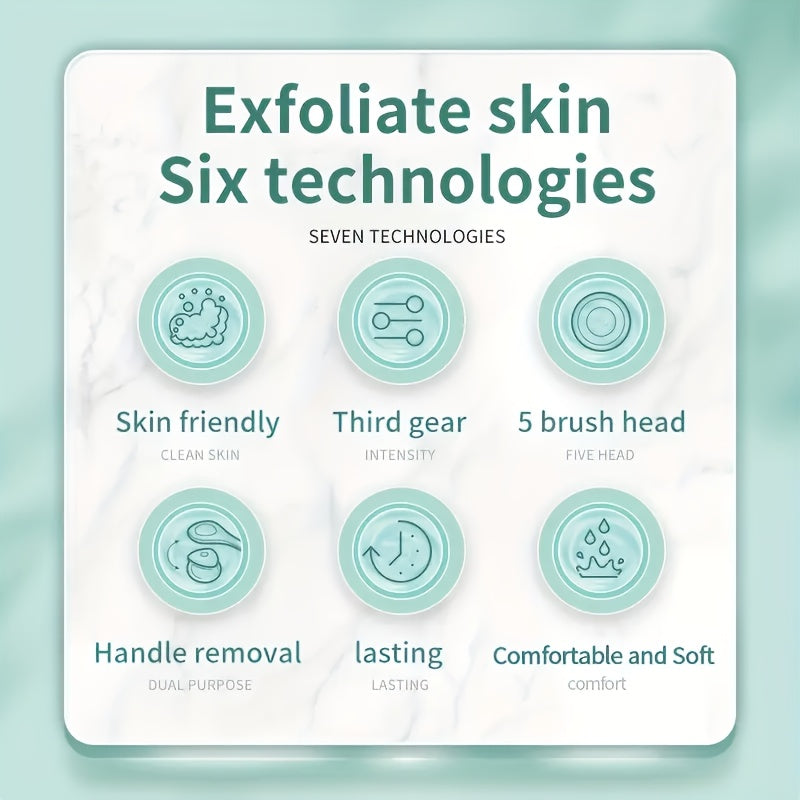 5-in-1 Electric Body, Back, Face & Shower Brush - USB-Powered Electric Shower Head with Long Handle, Interchangeable Heads - Soft Silicone Exfoliating Brush & Rotating Scrubber - for Full Body, Back, Face, Feet - Spa & Home Use - Ideal Self-Care Gift,