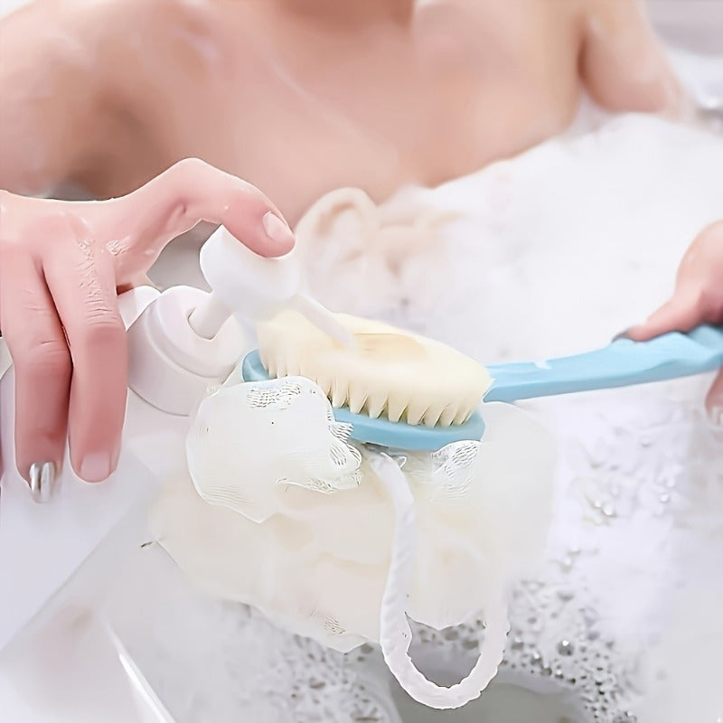 1pc 2-in-1 Dual Head Back Scrubber & Shower Brush with Soft Towel - Long Handle Plastic Bath Brush for Exfoliating Back, Arms, Legs - Blue & Pink Bristles, Ergonomic Grip, No Battery Needed, Oil-Free Bathroom Essentials, Body Cleaning Accessory,