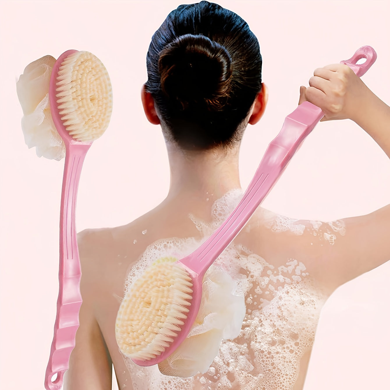 1pc 2-in-1 Dual Head Back Scrubber & Shower Brush with Soft Towel - Long Handle Plastic Bath Brush for Exfoliating Back, Arms, Legs - Blue & Pink Bristles, Ergonomic Grip, No Battery Needed, Oil-Free Bathroom Essentials, Body Cleaning Accessory,