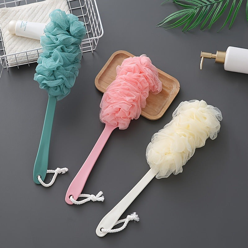 Long-Handled Sponge Shower Brush - Reusable High-Quality Bath & Body Scrubber for Exfoliating, Massage, Back & Face - No Battery Needed, Hand Washable Bathroom Essential, Shower Scrubber, Ergonomic Design, Soft Texture