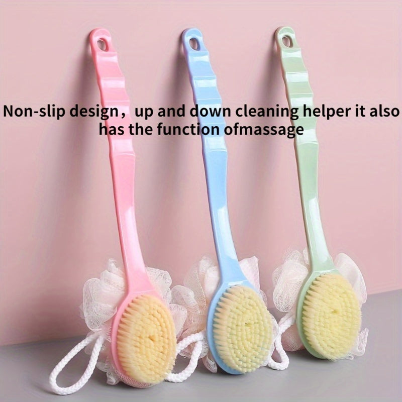 Long Handle Soft Hair Two-in-One Bath Brush: Exfoliating Body Massage Sponge with Extended Comfort Grip - Blue, Pink, Green (34cm/13.39in)