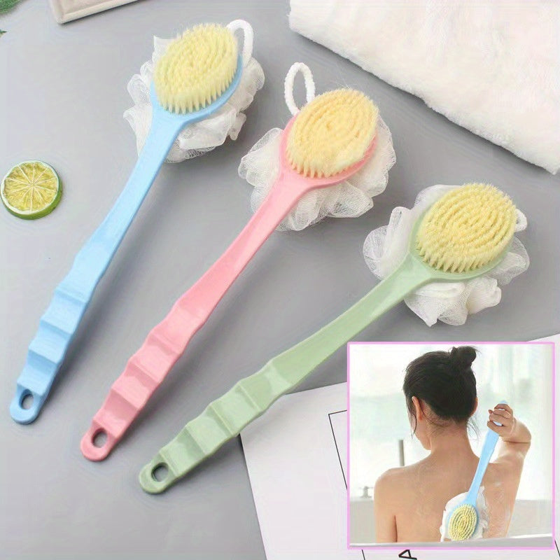 Long Handle Soft Hair Two-in-One Bath Brush: Exfoliating Body Massage Sponge with Extended Comfort Grip - Blue, Pink, Green (34cm/13.39in)