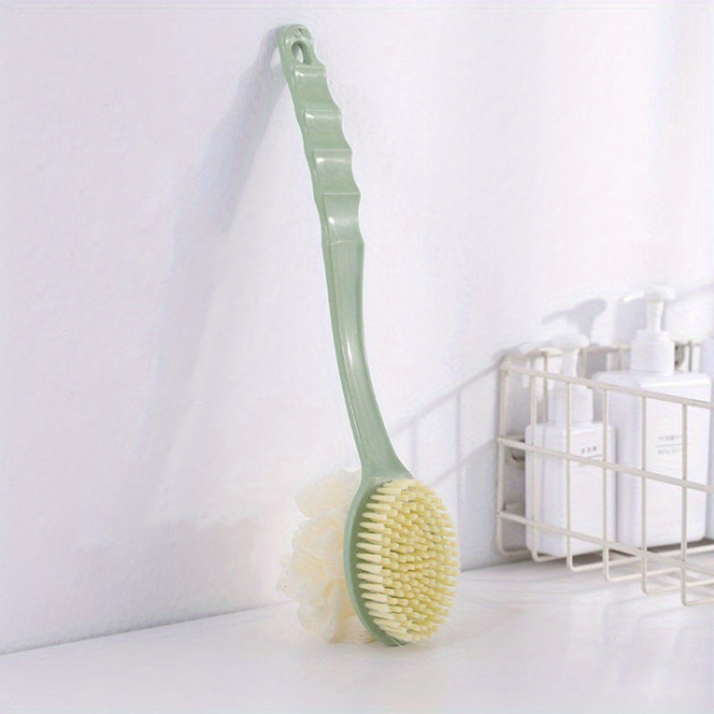 Long Handle Soft Hair Two-in-One Bath Brush: Exfoliating Body Massage Sponge with Extended Comfort Grip - Blue, Pink, Green (34cm/13.39in)