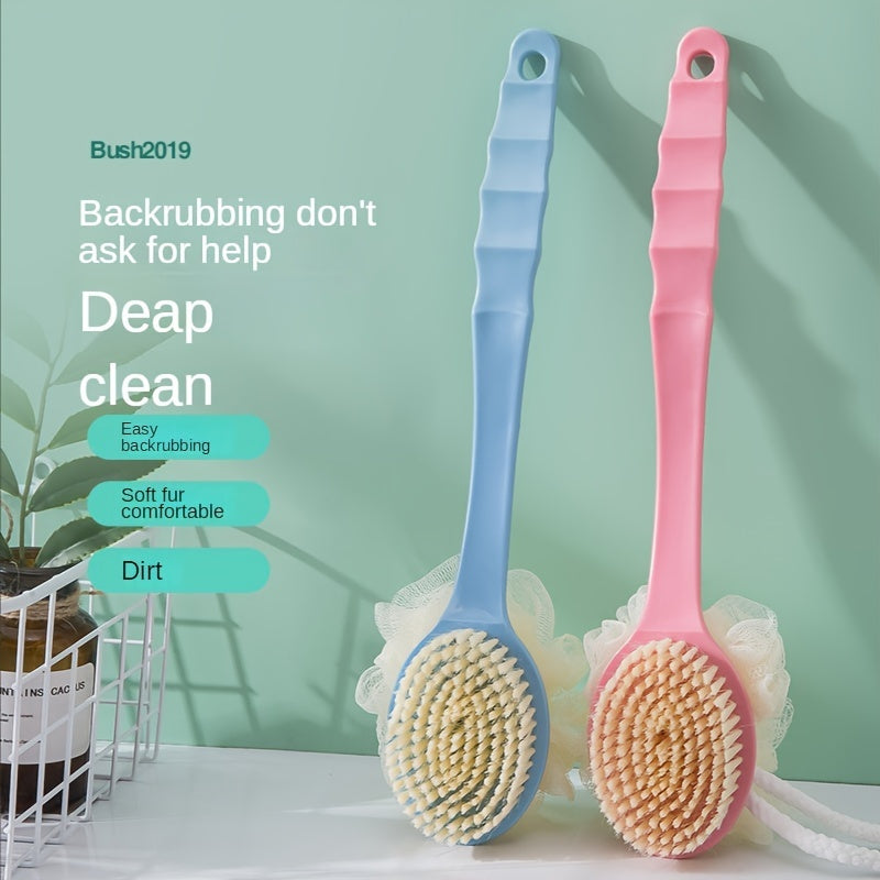 Long Handle Soft Hair Two-in-One Bath Brush: Exfoliating Body Massage Sponge with Extended Comfort Grip - Blue, Pink, Green (34cm/13.39in)