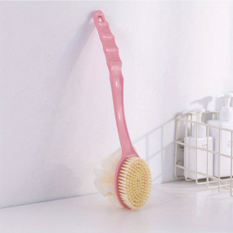 Long Handle Soft Hair Two-in-One Bath Brush: Exfoliating Body Massage Sponge with Extended Comfort Grip - Blue, Pink, Green (34cm/13.39in)
