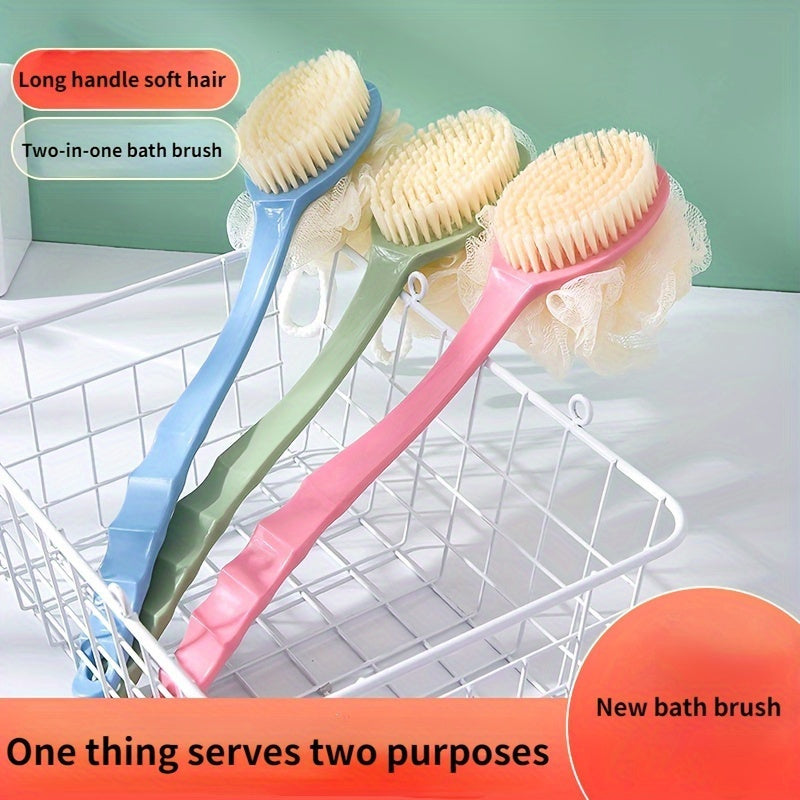 Long Handle Soft Hair Two-in-One Bath Brush: Exfoliating Body Massage Sponge with Extended Comfort Grip - Blue, Pink, Green (34cm/13.39in)