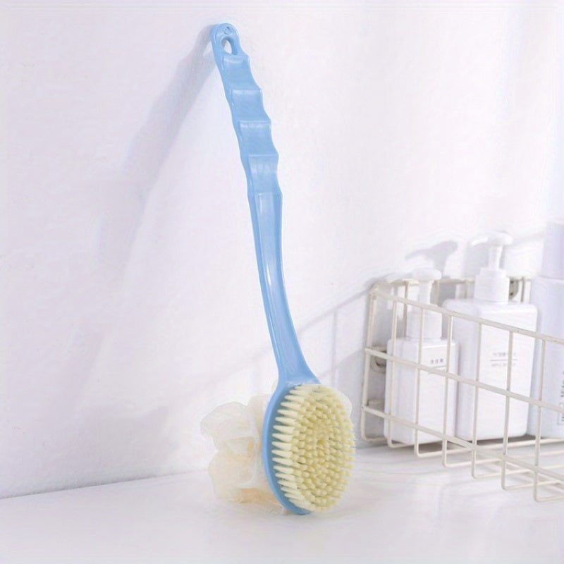 Long Handle Soft Hair Two-in-One Bath Brush: Exfoliating Body Massage Sponge with Extended Comfort Grip - Blue, Pink, Green (34cm/13.39in)