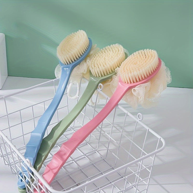 Long Handle Soft Hair Two-in-One Bath Brush: Exfoliating Body Massage Sponge with Extended Comfort Grip - Blue, Pink, Green (34cm/13.39in)