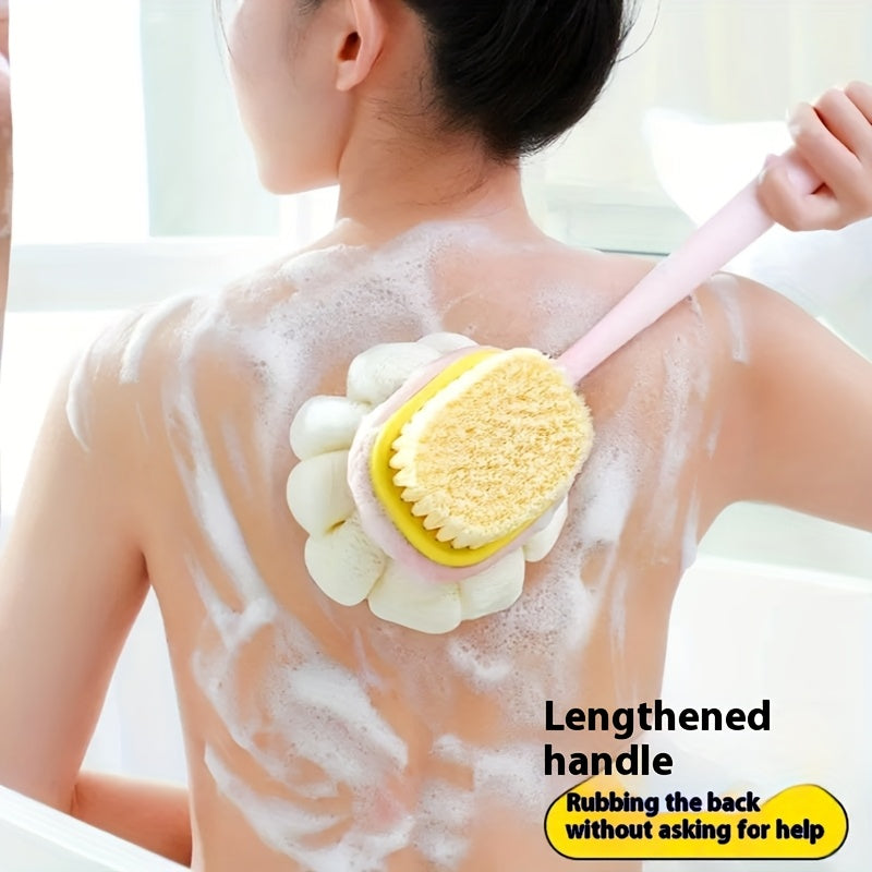 1pc Long-Handled Shower Body Brush with Bristles & Loofah – Curved Back Scrubber for Exfoliation, Massage, and Light Beige Care – 2-in-1 Bath Tool for Men & Women, Pink & Yellow Design, Exfoliating Scrubber, Longhandle Design, Durable Scrubber, Soft Mesh