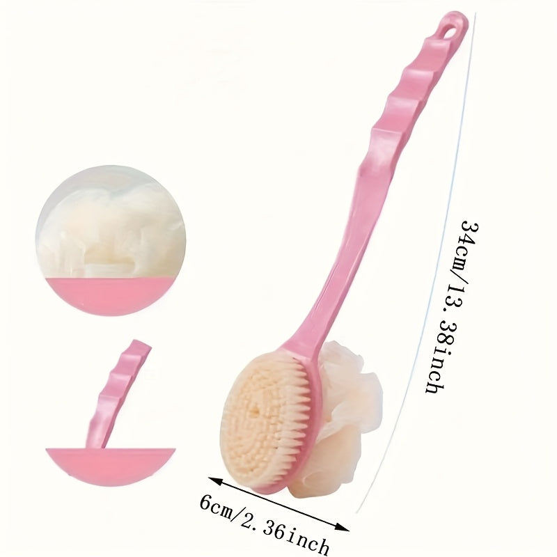 2-in-1 Soft Fiber Long Handle Bath Brush - Gentle Exfoliating Body Scrubber, Dual-Purpose Back Scrubber and Sponge Tool, Japanese Design