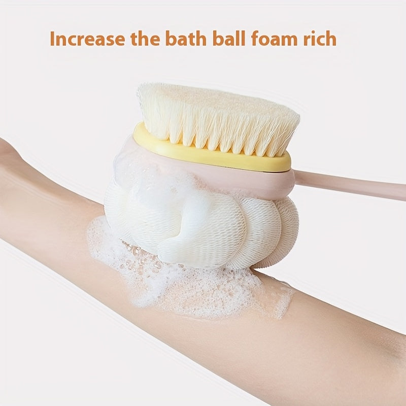 1pc Long-Handled Shower Body Brush with Bristles & Loofah – Curved Back Scrubber for Exfoliation, Massage, and Light Beige Care – 2-in-1 Bath Tool for Men & Women, Pink & Yellow Design, Exfoliating Scrubber, Longhandle Design, Durable Scrubber, Soft Mesh
