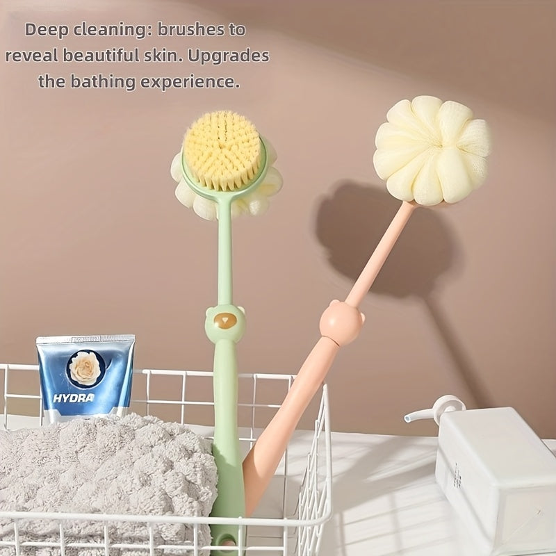 2-in-1 Long Handle Shower Brush & Luffa Sponge with Bear-Styled Grip - Soft Dense Bristles, Anti-Slip & Hanging Design for Gentle Exfoliating Back Scrub, Ergonomic Bath & Shower Tool, Shower Accessories, Bathing Accessory, Playful Bathroom Decor, Body