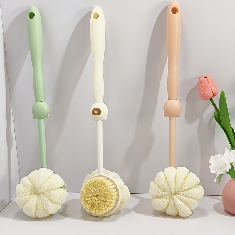 2-in-1 Long Handle Shower Brush & Luffa Sponge with Bear-Styled Grip - Soft Dense Bristles, Anti-Slip & Hanging Design for Gentle Exfoliating Back Scrub, Ergonomic Bath & Shower Tool, Shower Accessories, Bathing Accessory, Playful Bathroom Decor, Body