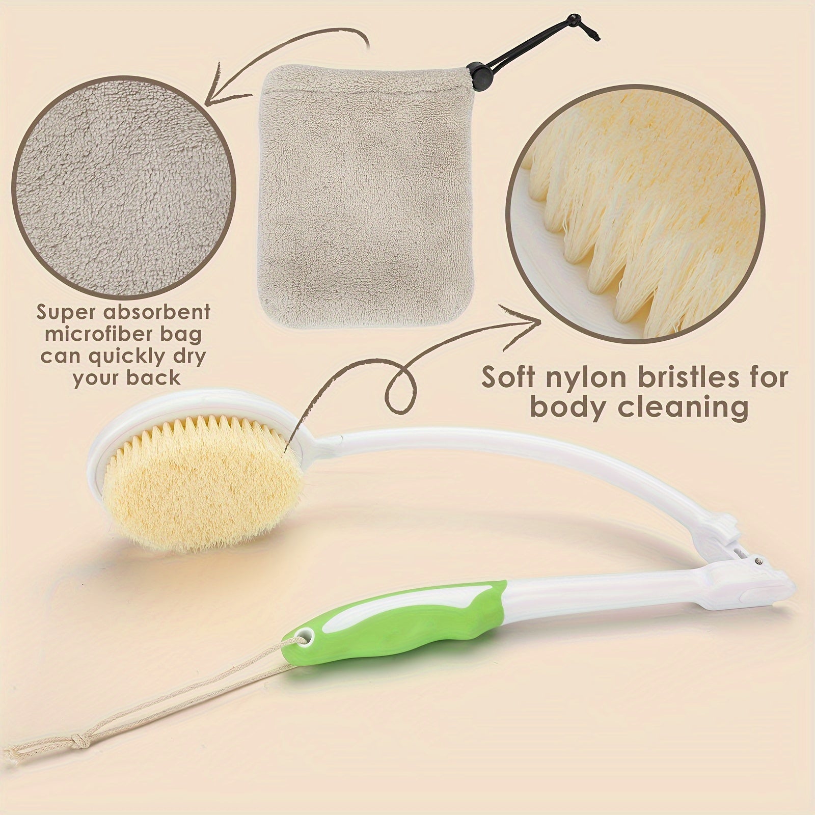 Elderly Back Scrubber with Soft Anti-Slip Grip Handle & Towel - Manual Bath Brush for Back Relief, No Electricity Needed, Long Handle for Easy Reach, Personal Care Aid for Seniors & Adults, Ergonomic Design, Easyclean Material, Softbristled Head