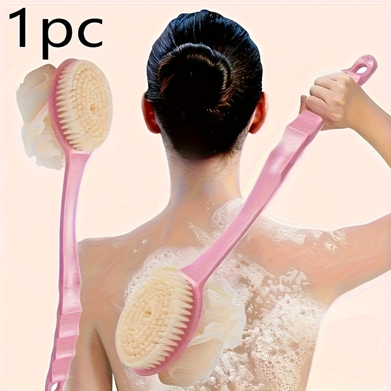 2-in-1 Soft Fiber Long Handle Bath Brush - Gentle Exfoliating Body Scrubber, Dual-Purpose Back Scrubber and Sponge Tool, Japanese Design