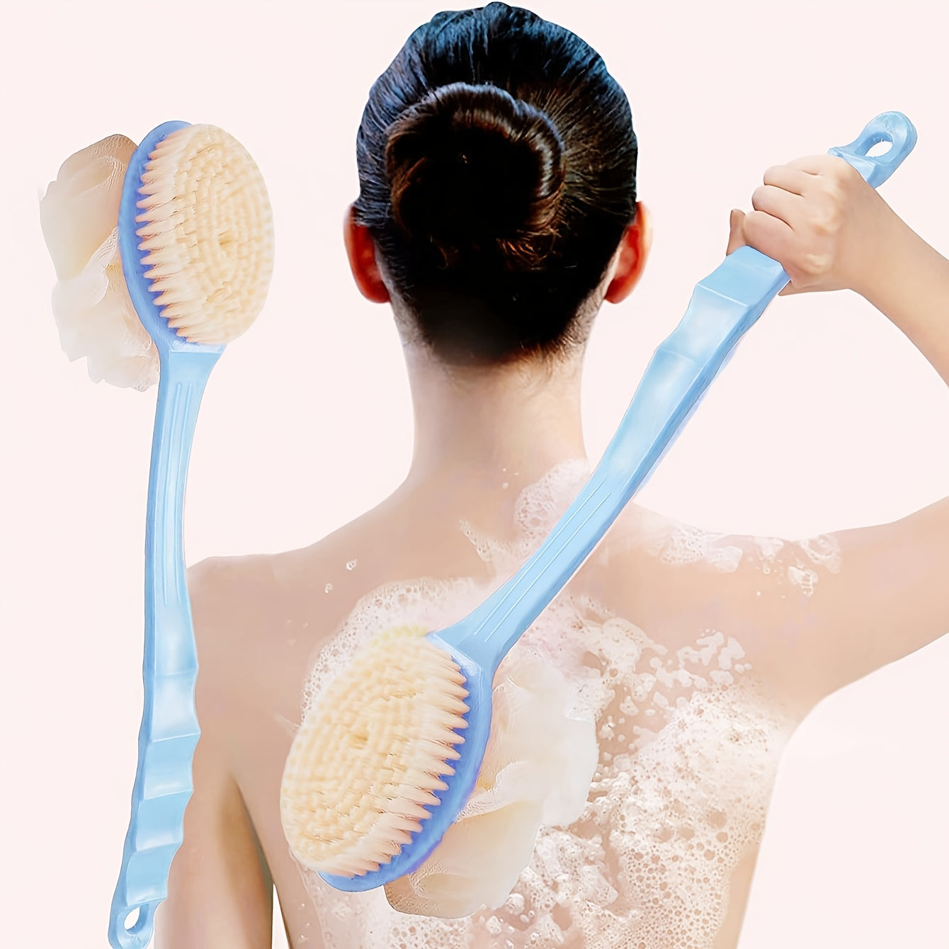 1pc 2-in-1 Dual Head Back Scrubber & Shower Brush with Soft Towel - Long Handle Plastic Bath Brush for Exfoliating Back, Arms, Legs - Blue & Pink Bristles, Ergonomic Grip, No Battery Needed, Oil-Free Bathroom Essentials, Body Cleaning Accessory,