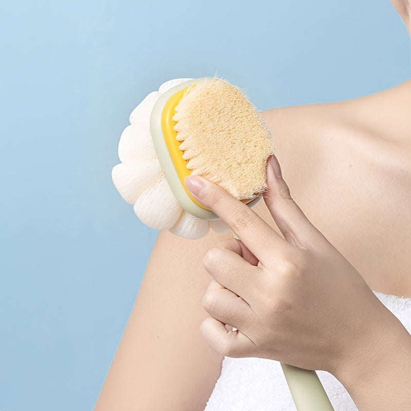 1pc Long-Handled Shower Body Brush with Bristles & Loofah – Curved Back Scrubber for Exfoliation, Massage, and Light Beige Care – 2-in-1 Bath Tool for Men & Women, Pink & Yellow Design, Exfoliating Scrubber, Longhandle Design, Durable Scrubber, Soft Mesh