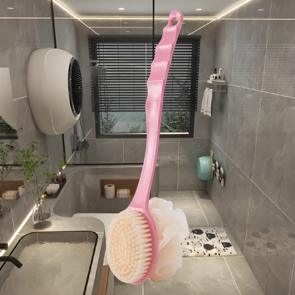 Two-In-One Dual Head Bath Brush with Soft Sponge for Back Scrubbing: No Battery Required, Oil-Free