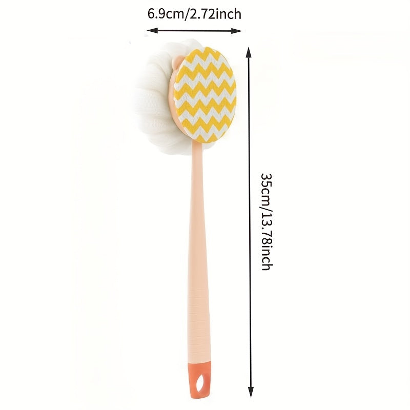 1pc Long-Handled Shower Body Brush with Bristles & Loofah – Curved Back Scrubber for Exfoliation, Massage, and Light Beige Care – 2-in-1 Bath Tool for Men & Women, Pink & Yellow Design, Exfoliating Scrubber, Longhandle Design, Durable Scrubber, Soft Mesh