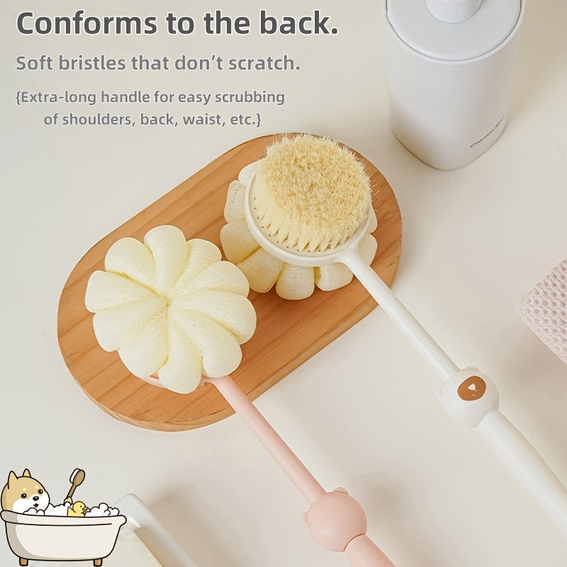 2-in-1 Long Handle Shower Brush & Luffa Sponge with Bear-Styled Grip - Soft Dense Bristles, Anti-Slip & Hanging Design for Gentle Exfoliating Back Scrub, Ergonomic Bath & Shower Tool, Shower Accessories, Bathing Accessory, Playful Bathroom Decor, Body