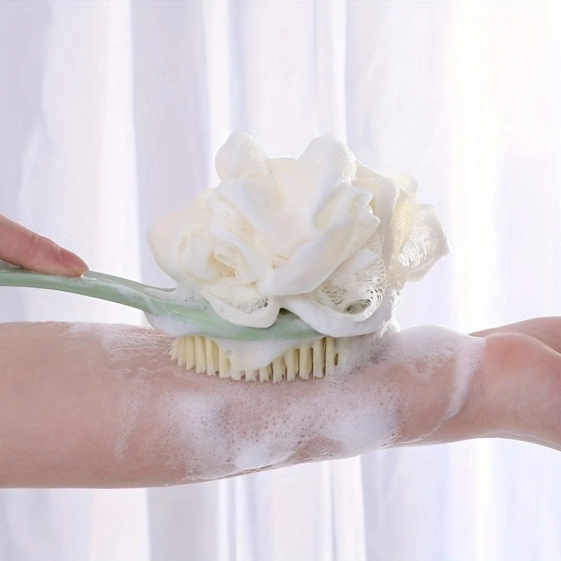 Two-In-One Dual Head Bath Brush with Soft Sponge for Back Scrubbing: No Battery Required, Oil-Free