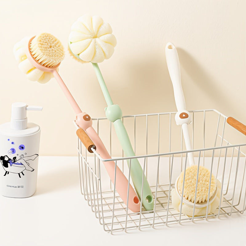 2-in-1 Long Handle Shower Brush & Luffa Sponge with Bear-Styled Grip - Soft Dense Bristles, Anti-Slip & Hanging Design for Gentle Exfoliating Back Scrub, Ergonomic Bath & Shower Tool, Shower Accessories, Bathing Accessory, Playful Bathroom Decor, Body