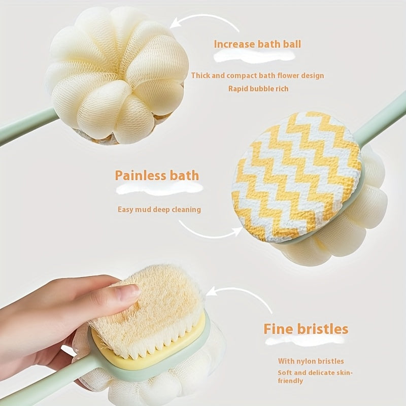 1pc Long-Handled Shower Body Brush with Bristles & Loofah – Curved Back Scrubber for Exfoliation, Massage, and Light Beige Care – 2-in-1 Bath Tool for Men & Women, Pink & Yellow Design, Exfoliating Scrubber, Longhandle Design, Durable Scrubber, Soft Mesh
