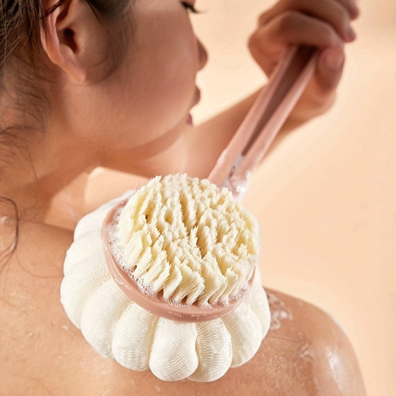 Long-Handled Double-Sided Bath Brush- Non-Electric Exfoliating Massage Back Scrubber and Loofah Sponge- Suitable for Men and Women Light Beige Cleaning and Exfoliating Tool- Essential Bathroom Supplies and Accessories (Suitable for four seasons)