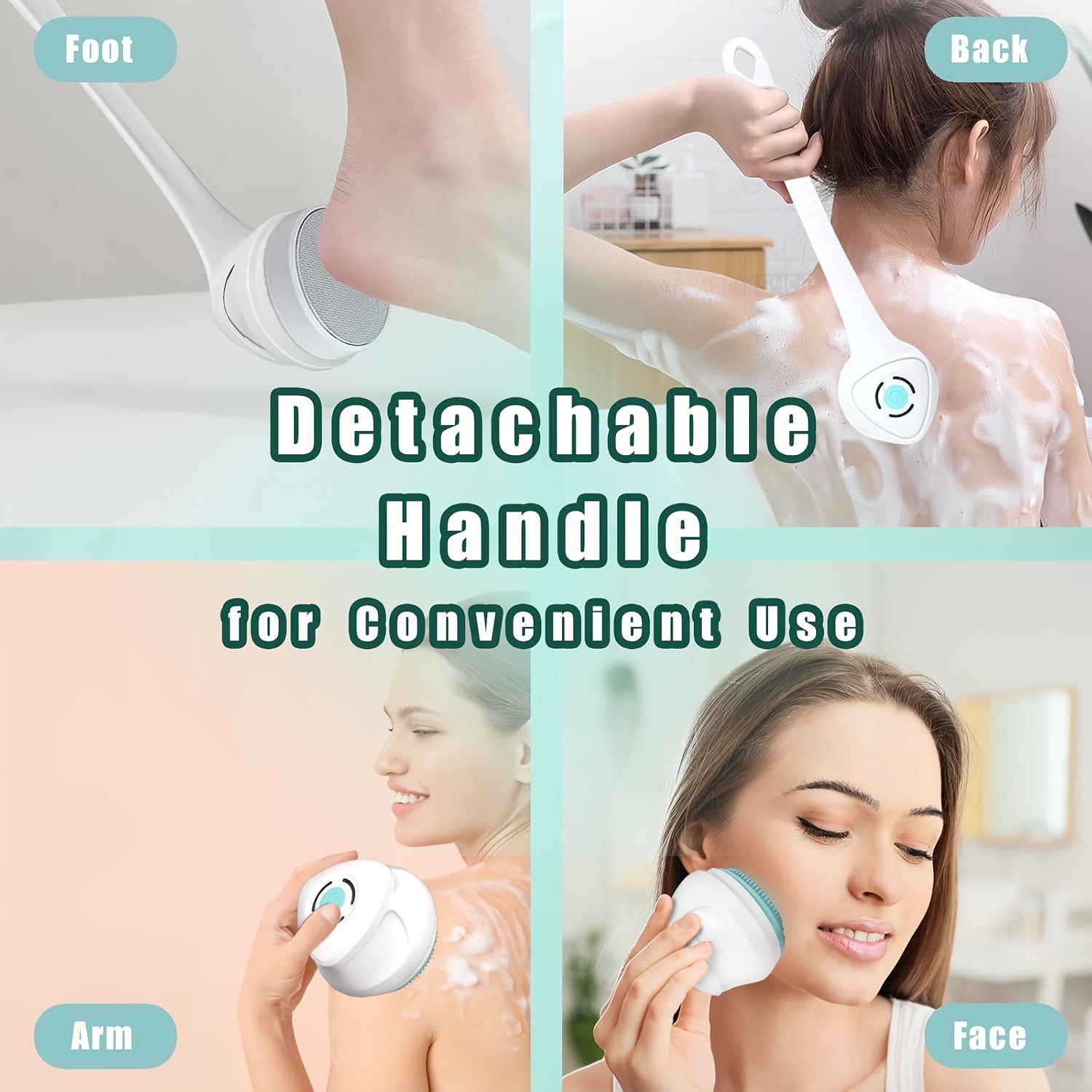 5-in-1 Electric Body, Back, Face & Shower Brush - USB-Powered Electric Shower Head with Long Handle, Interchangeable Heads - Soft Silicone Exfoliating Brush & Rotating Scrubber - for Full Body, Back, Face, Feet - Spa & Home Use - Ideal Self-Care Gift,