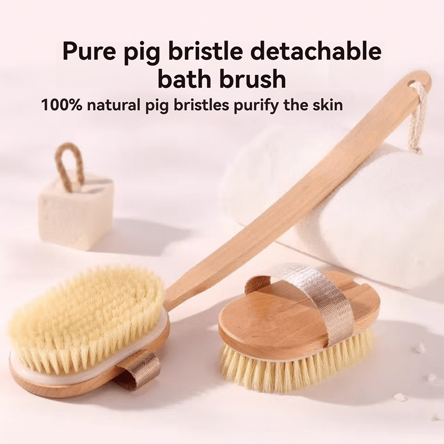 1pc Natural Pig Bristle Long Handle Back Bath Brush, Detachable Handle and Elastic Band Design, Can Be Used Wet or Dry, Gentle Body Cleansing and Exfoliation, No Power Required | Body Brush | Long Handle Shower Brush | Shower Supplies