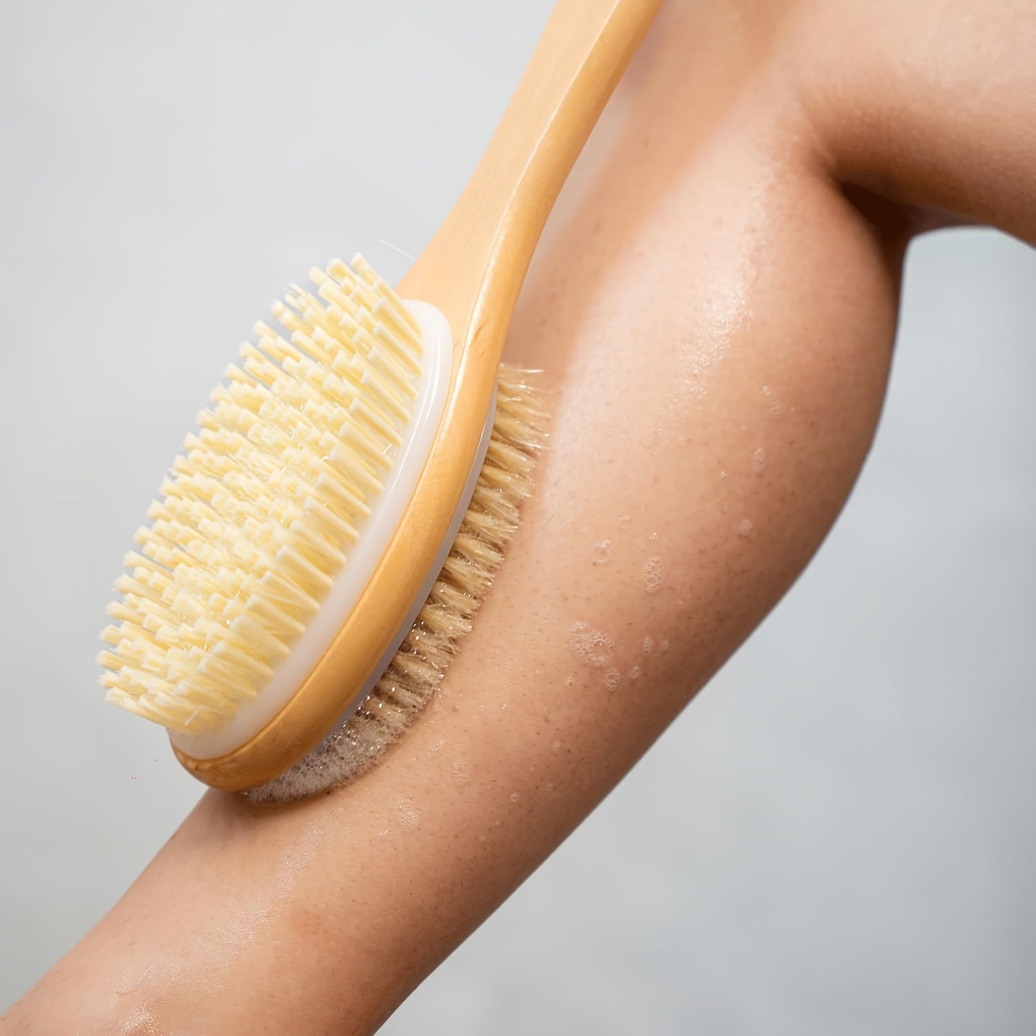 Dual-Sided Shower Brush with Long Handle - Bristle Body Scrubber, Exfoliating Back Brush, Skin Softening And Deep Clean, Non-Absorbent for Lotion Application, No Power Needed