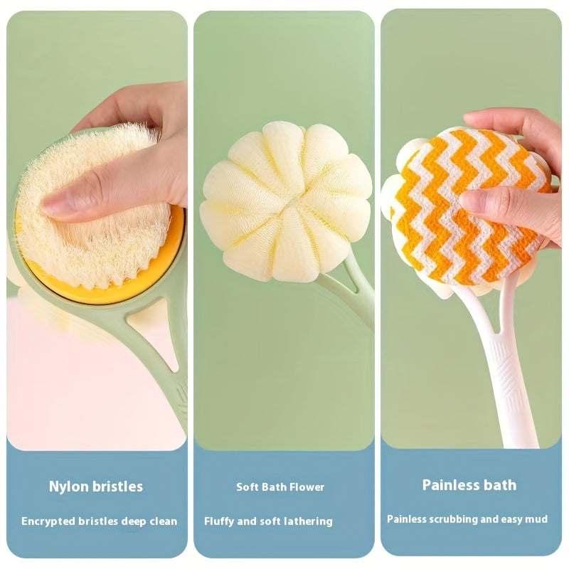 1pc Long-Handled Shower Body Brush with Bristles & Loofah – Curved Back Scrubber for Exfoliation, Massage, and Light Beige Care – 2-in-1 Bath Tool for Men & Women, Pink & Yellow Design, Exfoliating Scrubber, Longhandle Design, Durable Scrubber, Soft Mesh