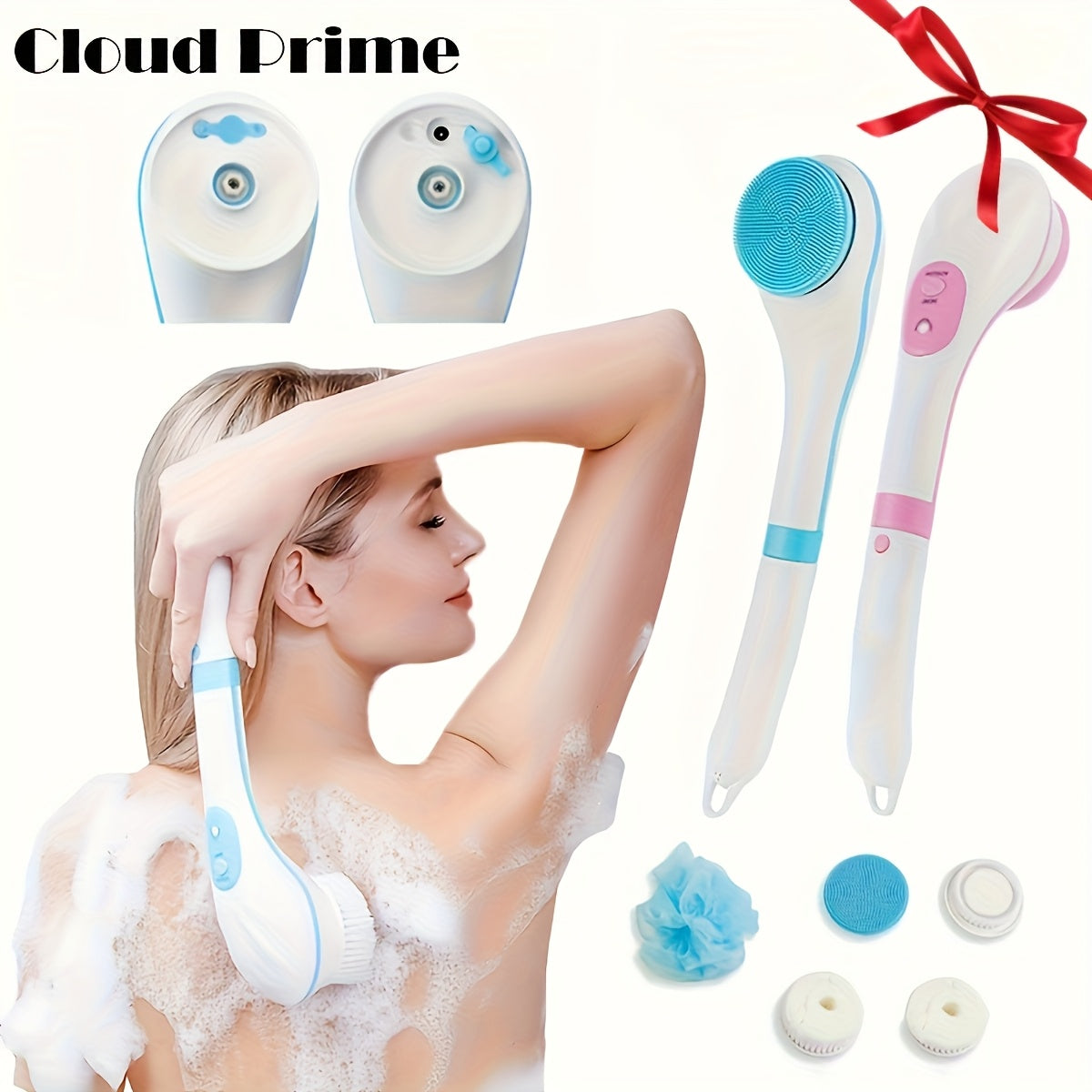1pc Fully Automatic Electric Shower Brush With Five Brush Heads, Handheld Massage Body Brush, Lazy Back Scrubber Back With Long Handle, Formaldehyde-Free Spa Exfoliating Scrub For Back And Full Body Cleansing