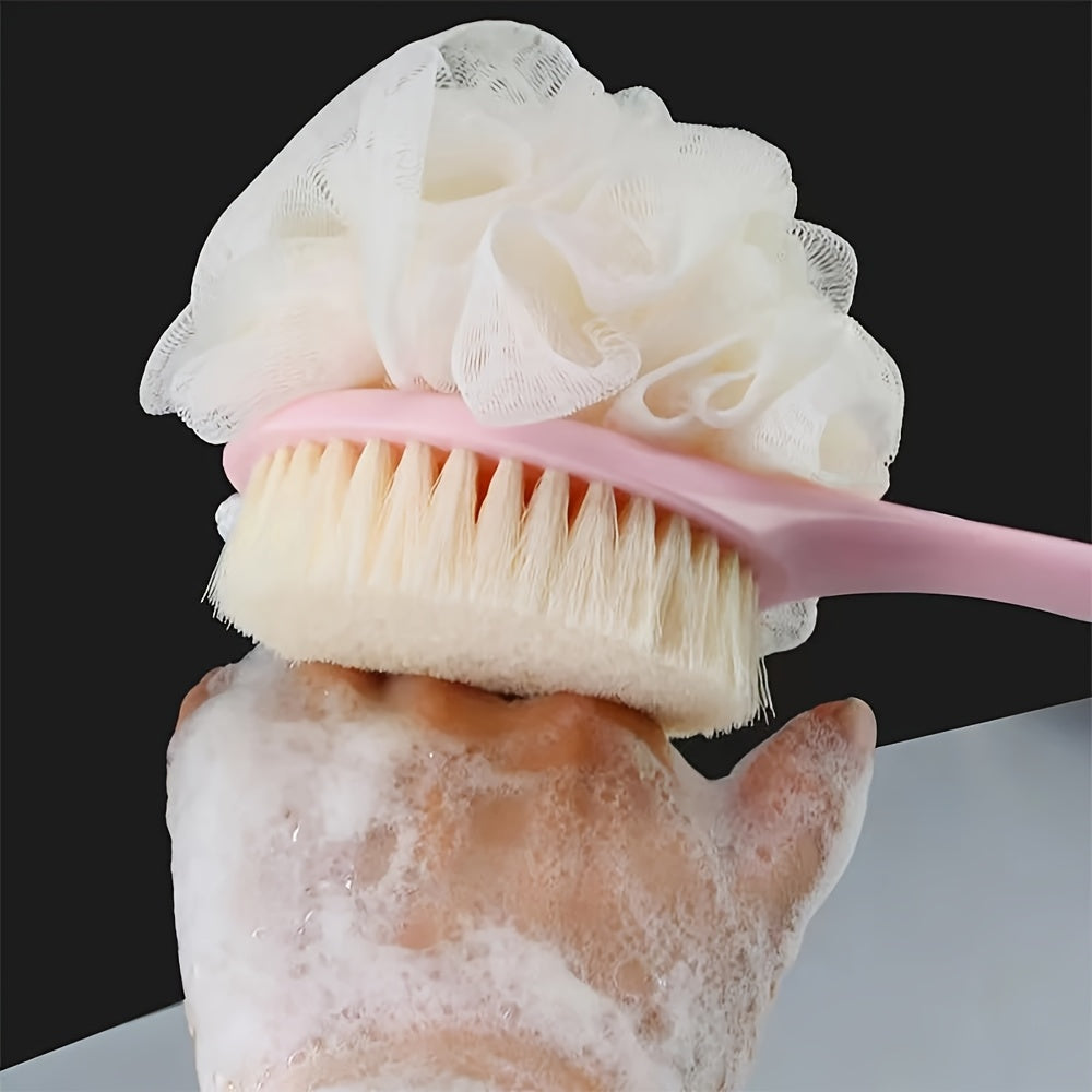 Two-In-One Dual Head Bath Brush with Soft Sponge for Back Scrubbing: No Battery Required, Oil-Free