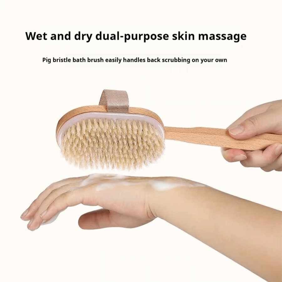 1pc Natural Pig Bristle Long Handle Back Bath Brush, Detachable Handle and Elastic Band Design, Can Be Used Wet or Dry, Gentle Body Cleansing and Exfoliation, No Power Required | Body Brush | Long Handle Shower Brush | Shower Supplies
