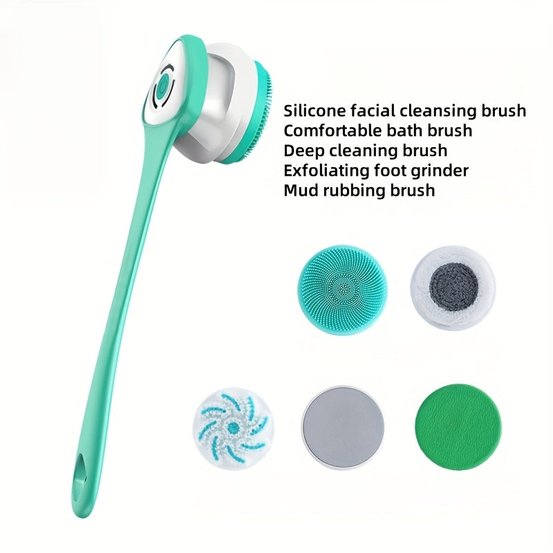 5-in-1 Electric Body, Back, Face & Shower Brush - USB-Powered Electric Shower Head with Long Handle, Interchangeable Heads - Soft Silicone Exfoliating Brush & Rotating Scrubber - for Full Body, Back, Face, Feet - Spa & Home Use - Ideal Self-Care Gift,