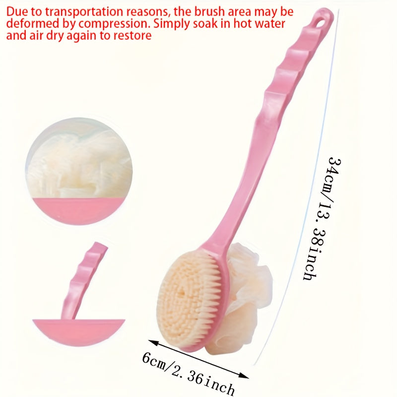 1pc 2-in-1 Dual Head Back Scrubber & Shower Brush with Soft Towel - Long Handle Plastic Bath Brush for Exfoliating Back, Arms, Legs - Blue & Pink Bristles, Ergonomic Grip, No Battery Needed, Oil-Free Bathroom Essentials, Body Cleaning Accessory,