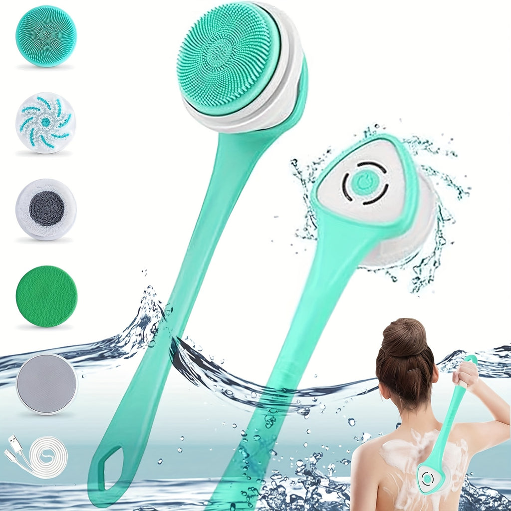 5-in-1 Electric Body, Back, Face & Shower Brush - USB-Powered Electric Shower Head with Long Handle, Interchangeable Heads - Soft Silicone Exfoliating Brush & Rotating Scrubber - for Full Body, Back, Face, Feet - Spa & Home Use - Ideal Self-Care Gift,