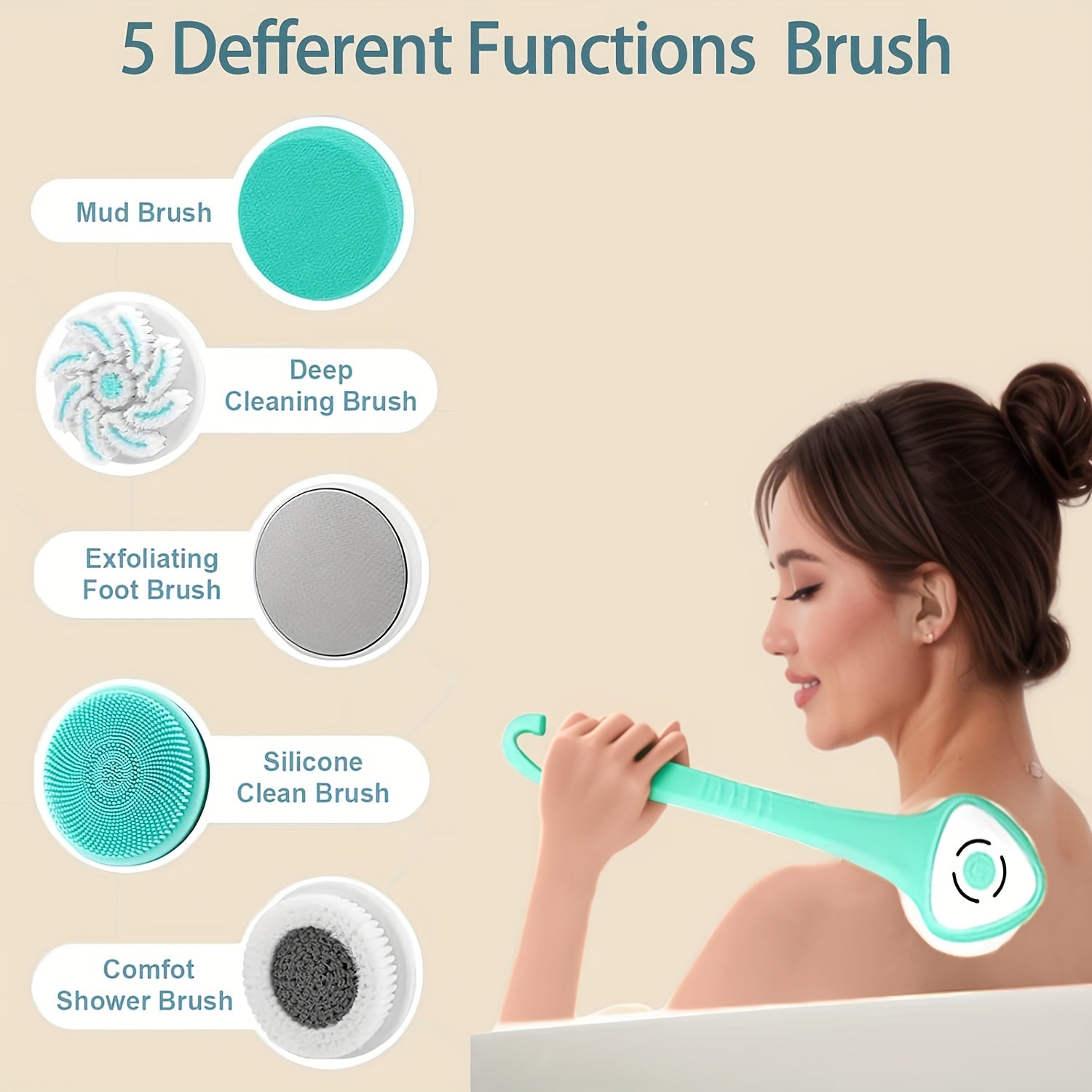 5-in-1 Electric Body, Back, Face & Shower Brush - USB-Powered Electric Shower Head with Long Handle, Interchangeable Heads - Soft Silicone Exfoliating Brush & Rotating Scrubber - for Full Body, Back, Face, Feet - Spa & Home Use - Ideal Self-Care Gift,