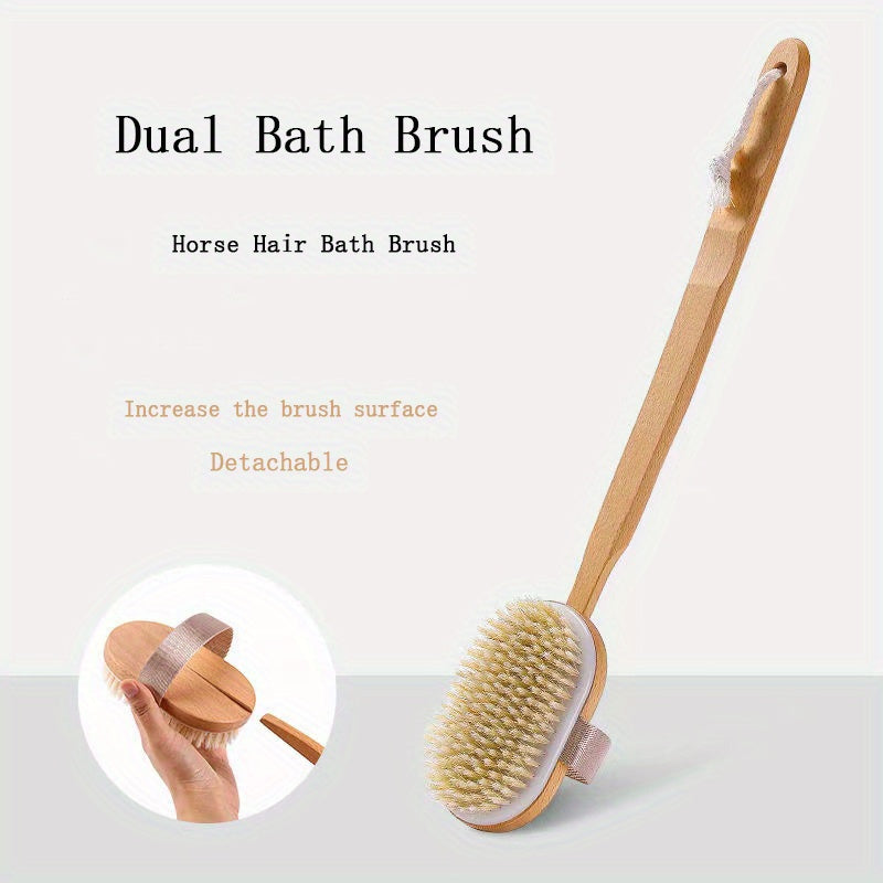 1pc Natural Pig Bristle Long Handle Back Bath Brush, Detachable Handle and Elastic Band Design, Can Be Used Wet or Dry, Gentle Body Cleansing and Exfoliation, No Power Required | Body Brush | Long Handle Shower Brush | Shower Supplies