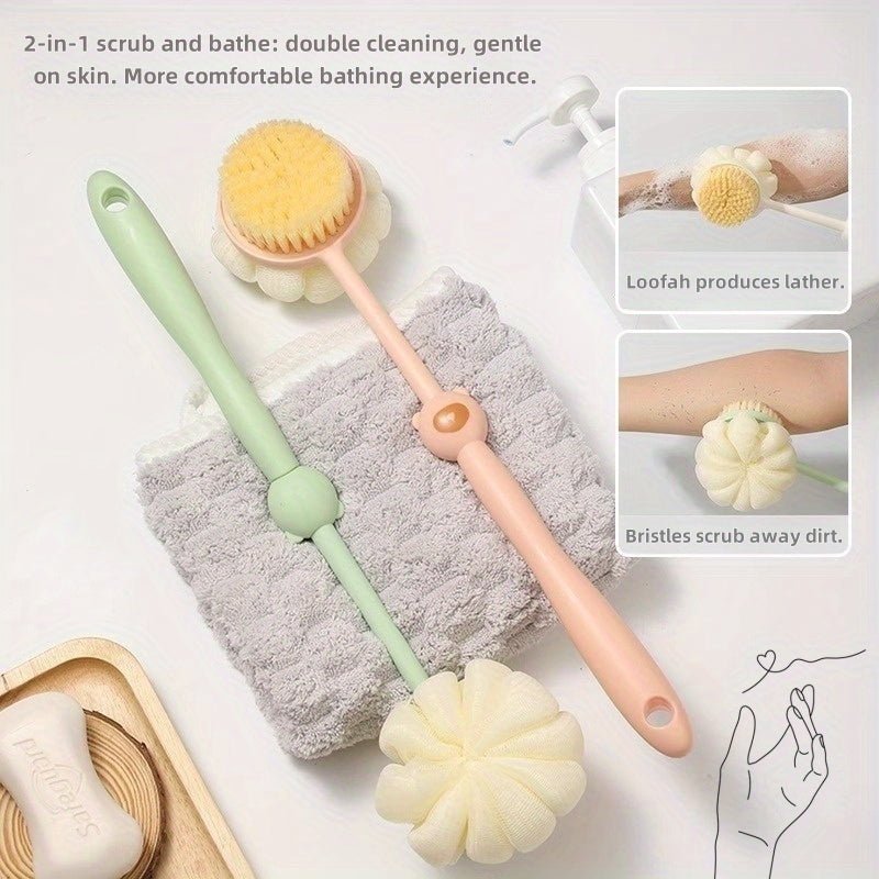 2-in-1 Long Handle Shower Brush & Luffa Sponge with Bear-Styled Grip - Soft Dense Bristles, Anti-Slip & Hanging Design for Gentle Exfoliating Back Scrub, Ergonomic Bath & Shower Tool, Shower Accessories, Bathing Accessory, Playful Bathroom Decor, Body