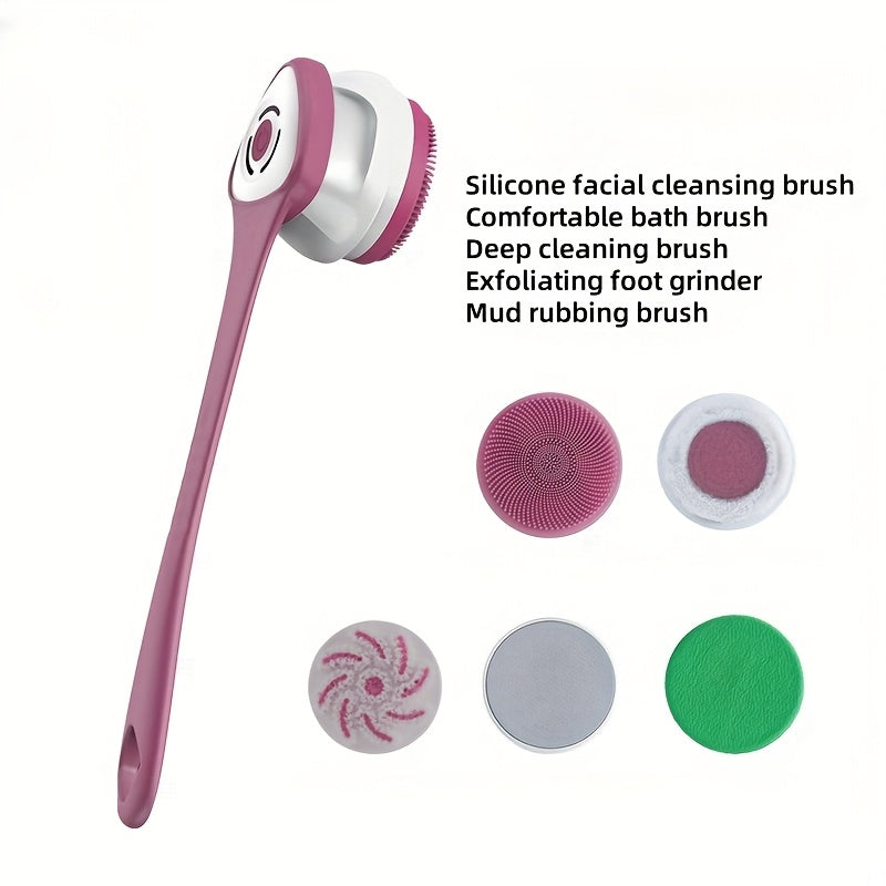 5-in-1 Electric Body, Back, Face & Shower Brush - USB-Powered Electric Shower Head with Long Handle, Interchangeable Heads - Soft Silicone Exfoliating Brush & Rotating Scrubber - for Full Body, Back, Face, Feet - Spa & Home Use - Ideal Self-Care Gift,